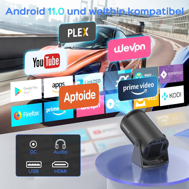 mentech Mini Beamer, 180° Drehbarer Mini Projektor mit WiFi und Bluetooth, 130" Smart-Projektor mit