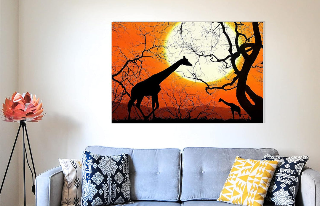 Leinwandbilder mit Giraffen, Bäume und Sonne, gerahmt, Wandkunst, Heimbüro, Arbeitsposter, Kunstwerk