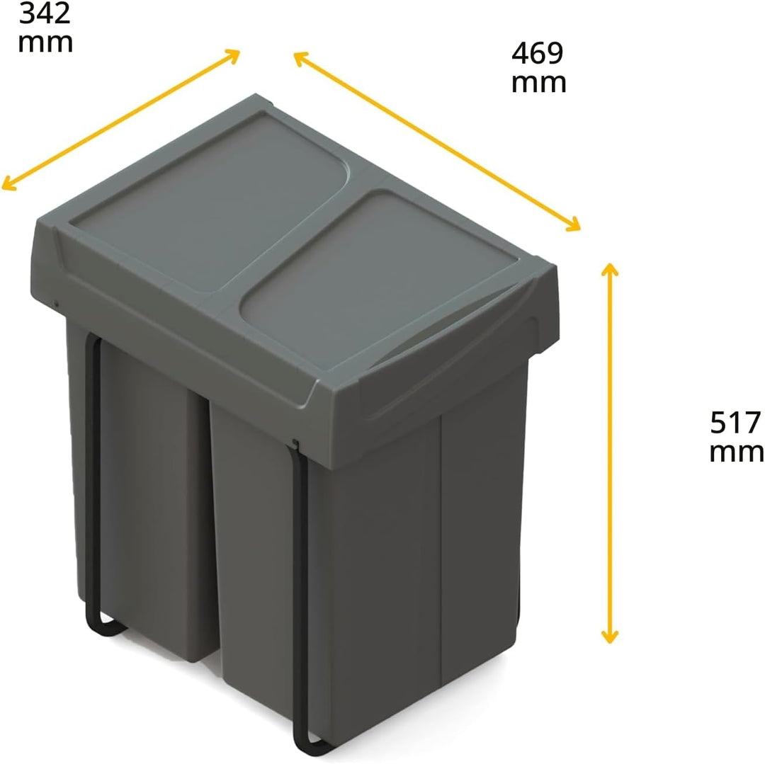 Emuca - Recycling-Behälter für die Küche, Bodenbefestigung und Handauszug, 2x25l, Kunststoff anthraz