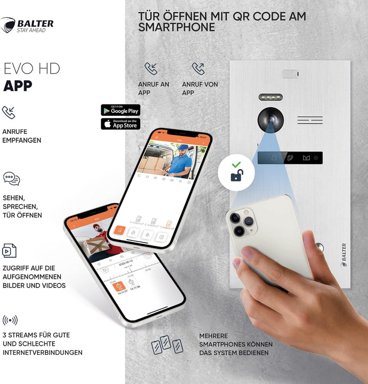 Balter EVO-HD Video Türsprechanlage mit Fingerprint, Video Türklingel, Smartphone App, 2 Familienhau