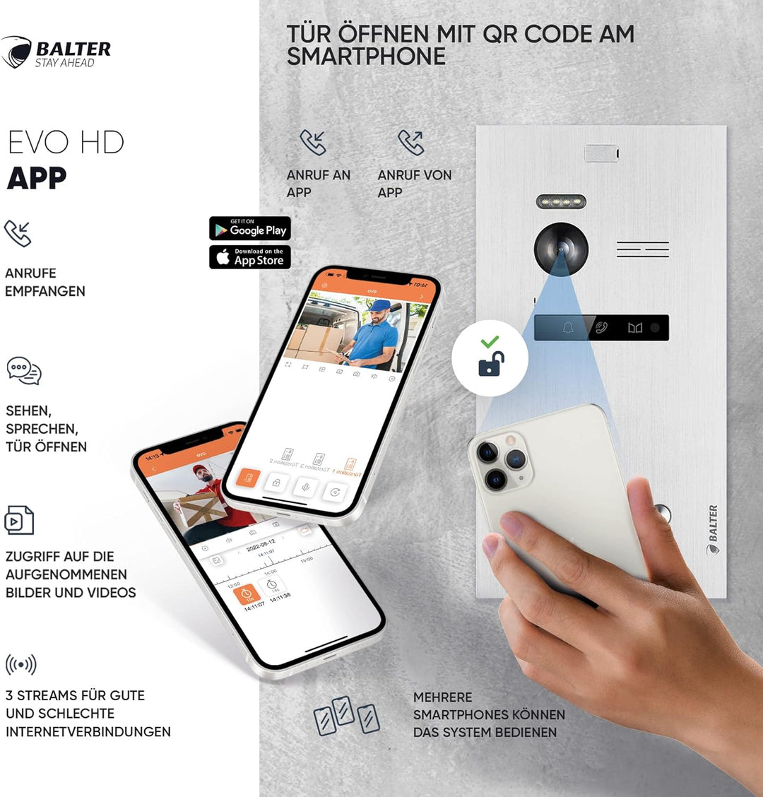 Balter EVO-HD Video Türsprechanlage mit Fingerprint, Video Türklingel, Smartphone App,1 Familienhaus