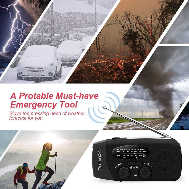 iRonsnow Notfall-Solarradio, Tragbare Kurbelradio mit LED-Taschenlampe, SOS-Alarm, AM/FM/WB Solar Wi