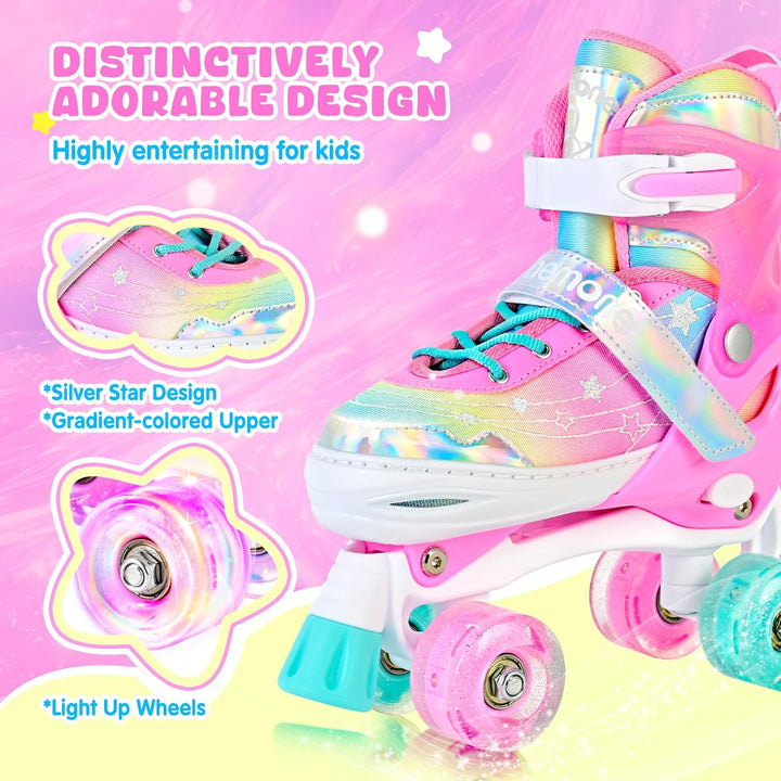 NEMONE Rollschuhe für Mädchen Kinder 4 Grössen Verstellbar Blau Violett Rollschuhe für Kinder Drinne