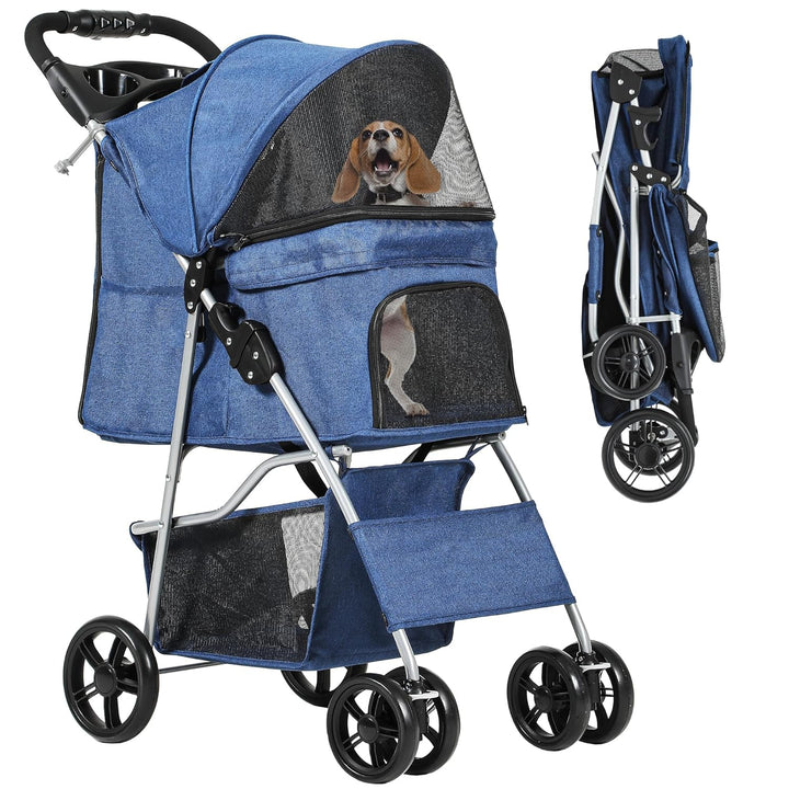 YITAHOME Hundewagen Haustiere Buggy bis 15kg, Hundebuggy mit Netzfenstern & Getränkehalter & Ablagek