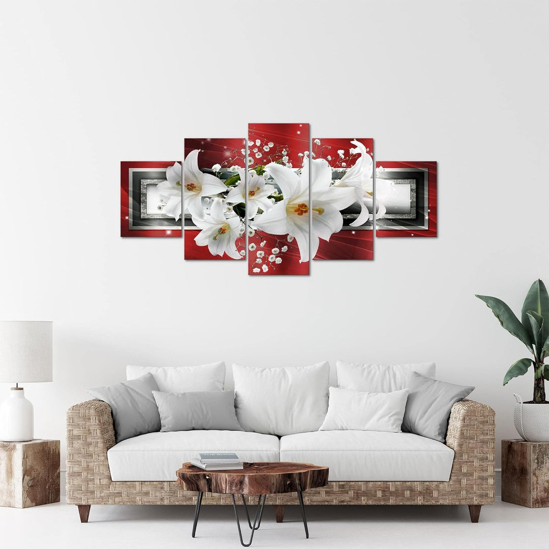 Runa Art Bild Wohnzimmer Schlafzimmer Blumen Lilien 5 Teilig Abstrakt Rot Grau Wandbilder auf Vlies