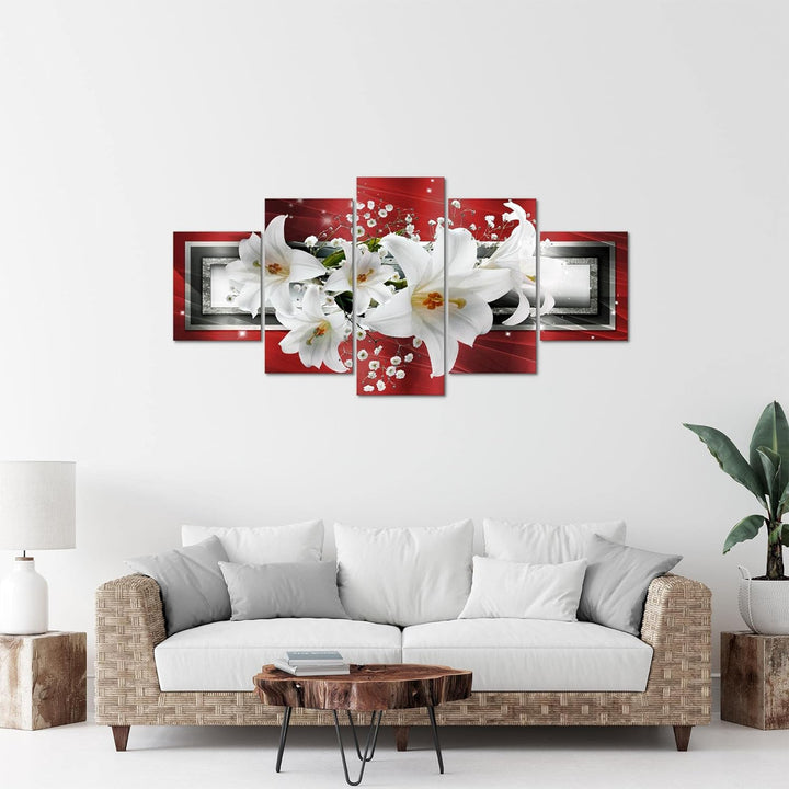 Runa Art Bild Wohnzimmer Schlafzimmer Blumen Lilien 5 Teilig Abstrakt Rot Grau Wandbilder auf Vlies