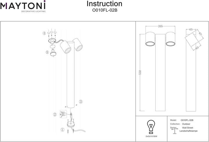MAYTONI DECORATIVE LIGHTING Schwarze Wegeleuchte, 2-flammig, modern, einstellbare Lichtrichtung, IP5