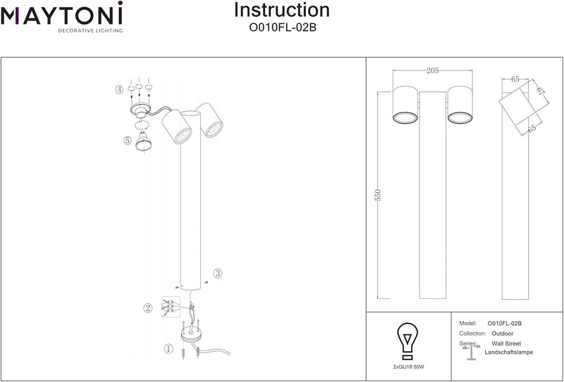 MAYTONI DECORATIVE LIGHTING Schwarze Wegeleuchte, 2-flammig, modern, einstellbare Lichtrichtung, IP5