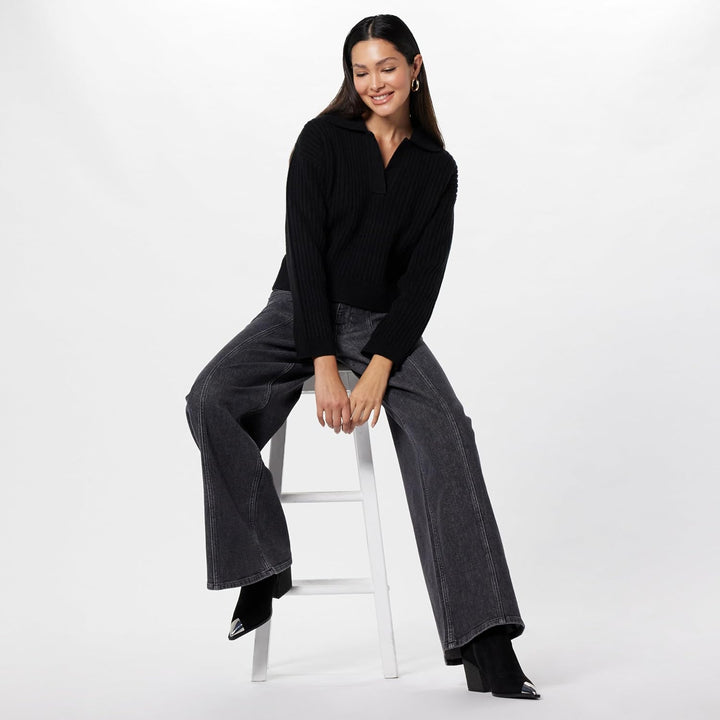 The Drop Damen Marcy Geripptes Polotop Pullover Sweater (1er Pack) M Schwarz, M Schwarz