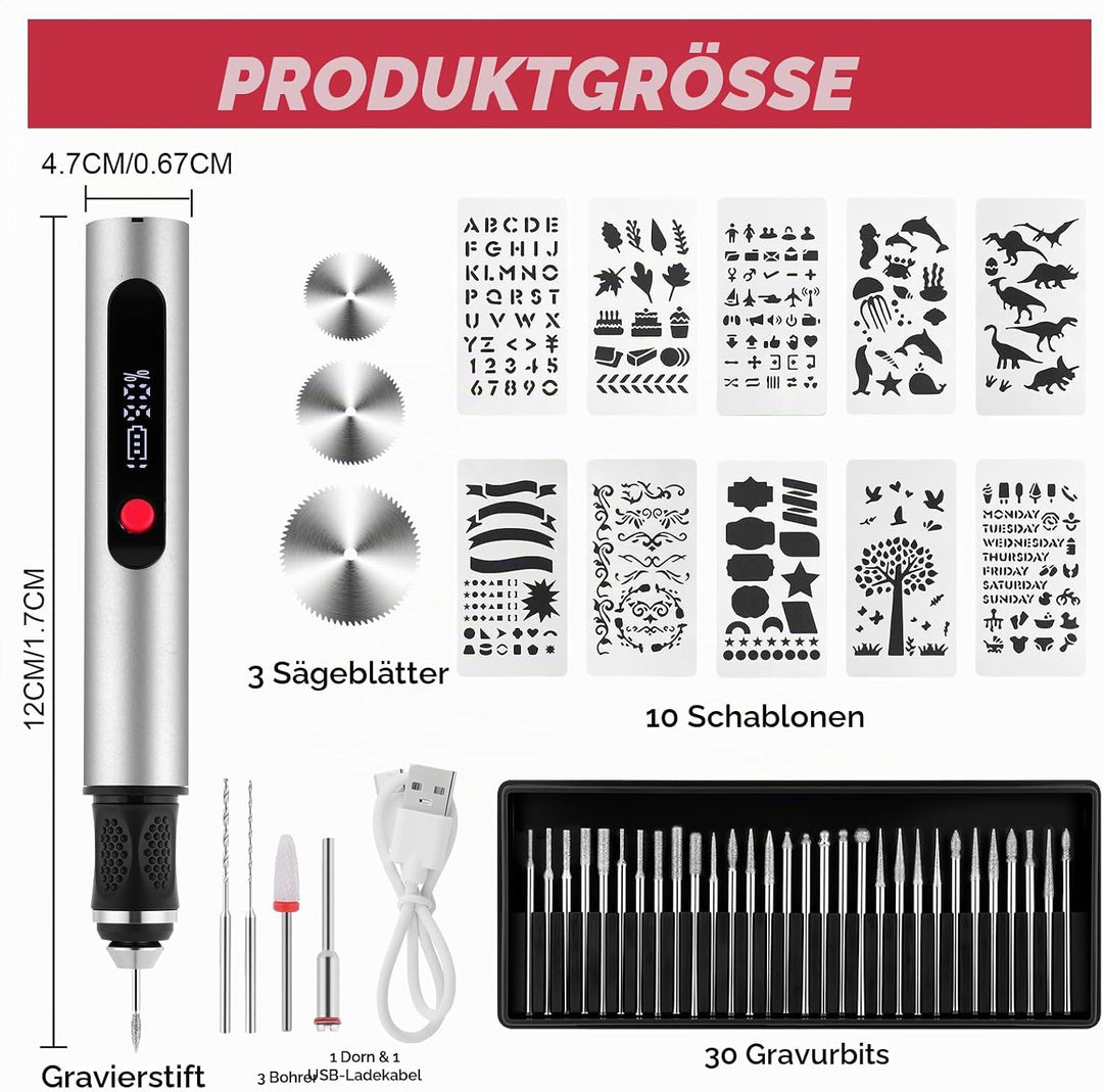 Flintronic Gravierstift, Kabelloser Elektrischer Gravierstift mit 30 Bits, Mini Gravierwerkzeug 3-Ga