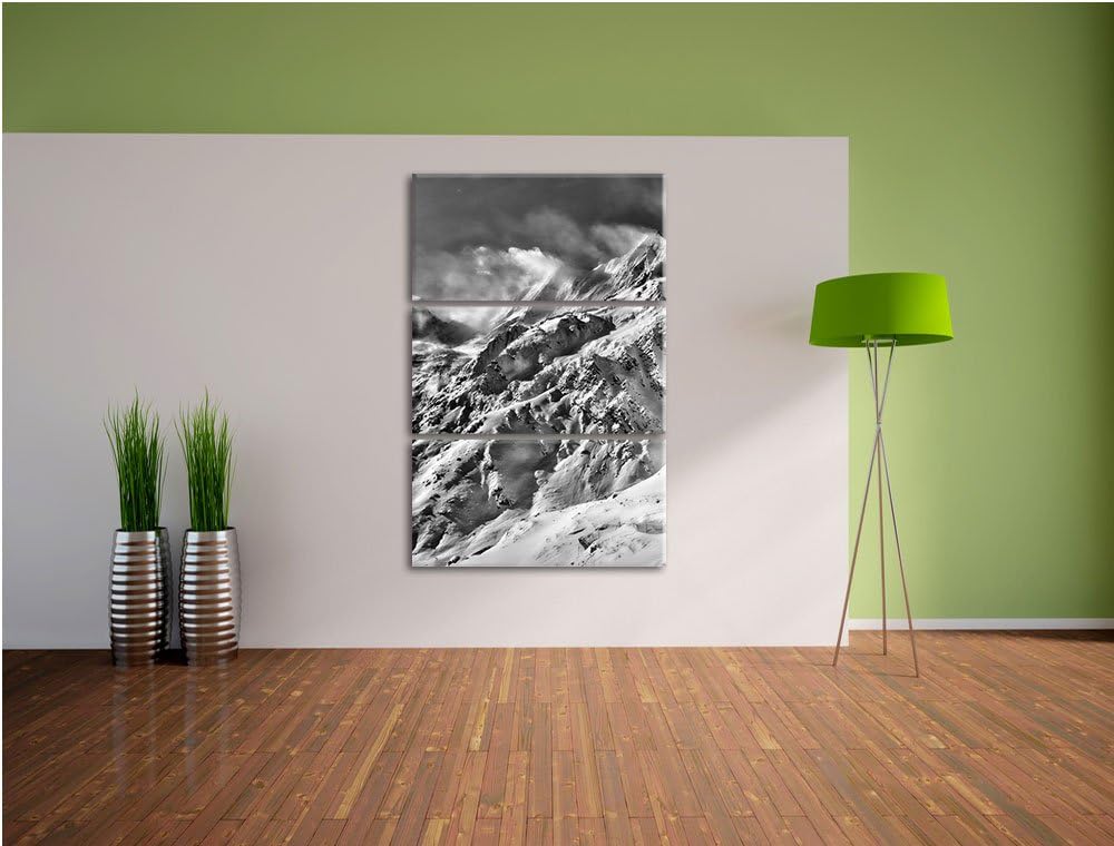 Pixxprint Monocrome, schneebedeckte Berggipfel 3-Teiler Leinwandbild 120x80 Bild auf Leinwand