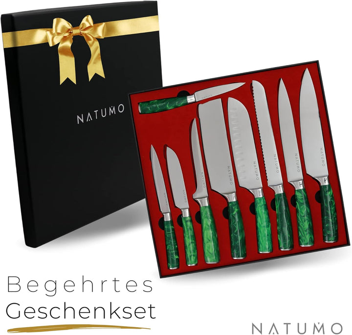 NATUMO Küchenmesser Set 9-teilig. HRC 56+ scharfes Messerset Profi in Damast-Optik aus Allzweckmesse