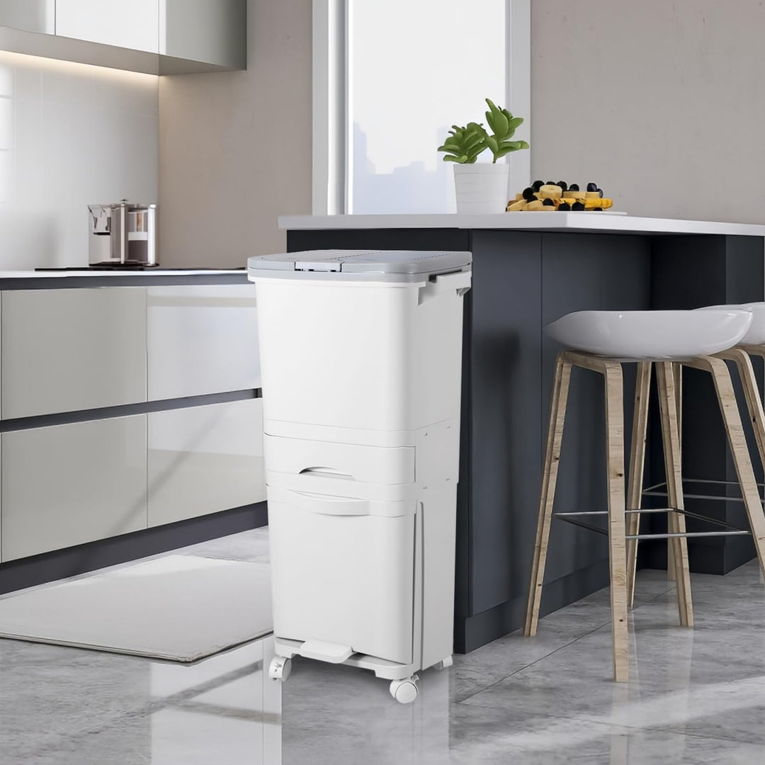 Mülleimer Küche 42L,3 Fächer Mülltrennsystem Kunststoff Weiss