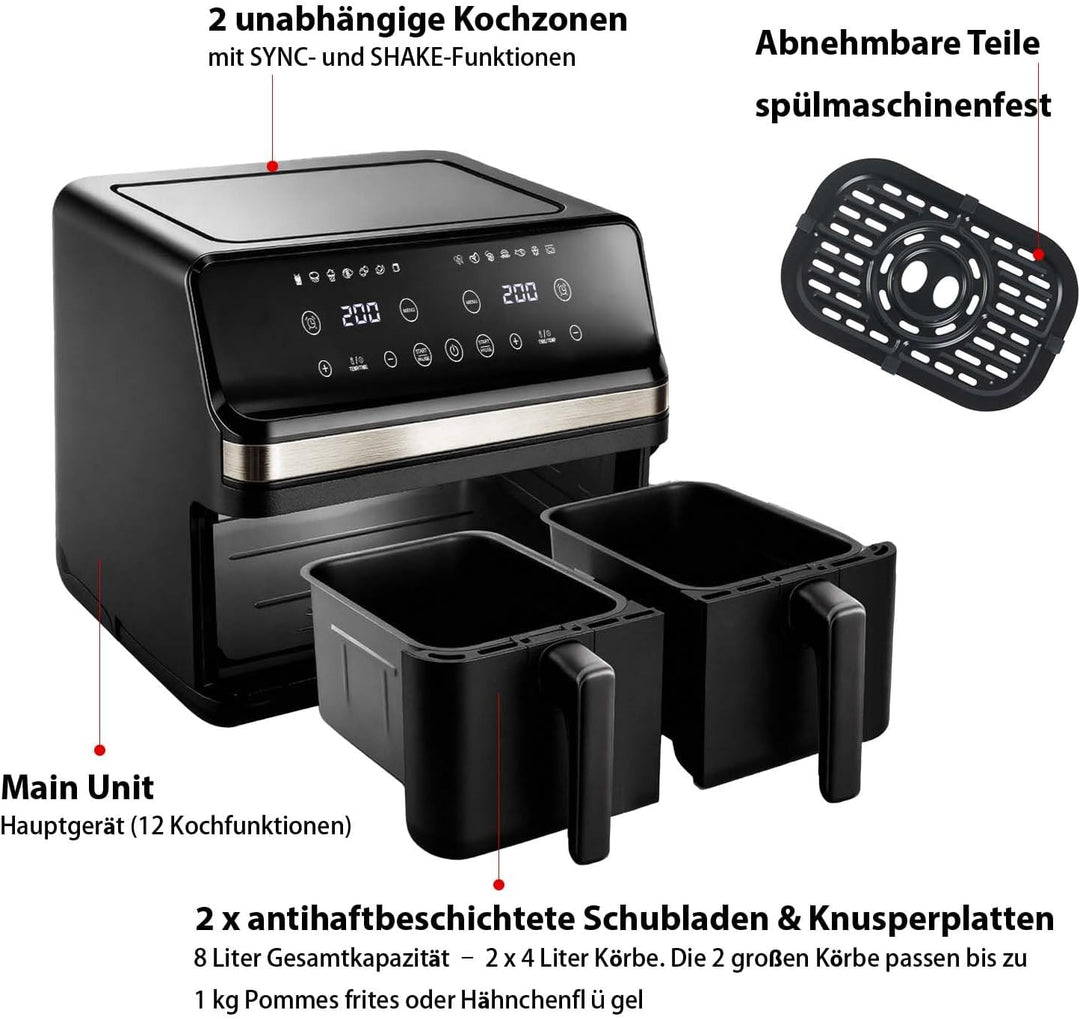 Heissluftfritteuse 2 kammern mit Sichtfenster, 8L Airfryer, 2 Fächer, 12-in-1, Touchscreen, Spülmasc