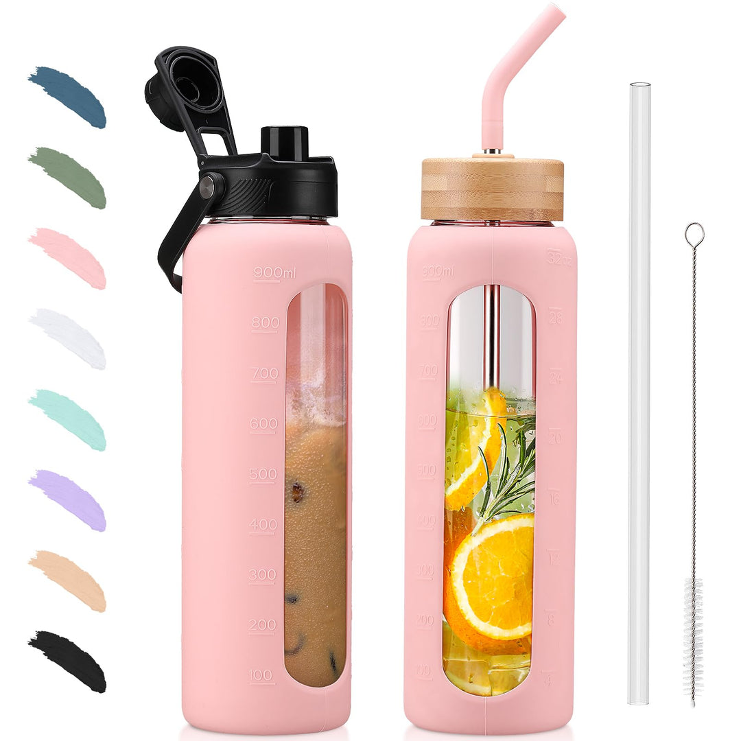BLUEGO 900ml Glaswasserflasche mit Strohhalm und 2 Deckeln Kaffeetasse aus Glas mit Zeitmarkierung u