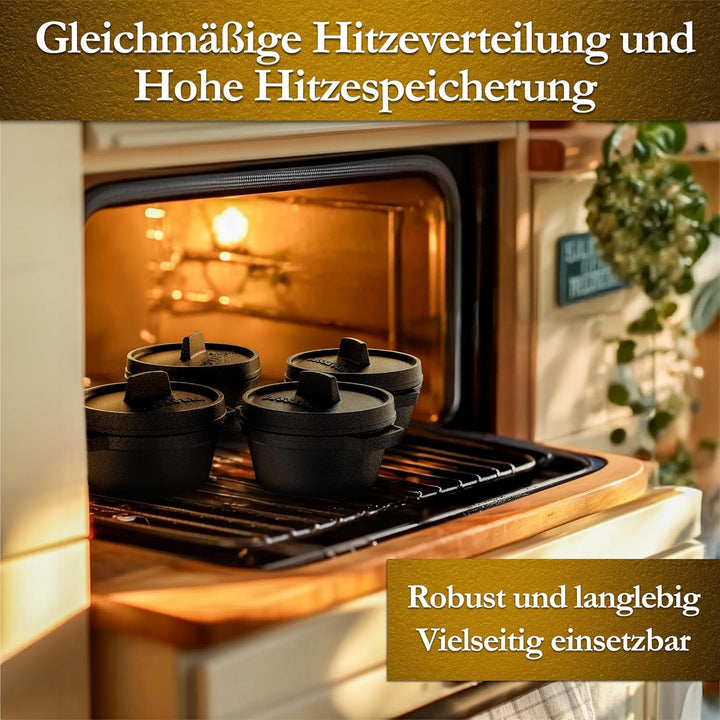 Mini Gusseisen Brotbackform Set–4x 300 ml Brotbacktopf mit Deckel–eingebrannte Mini Dutch Oven zum B