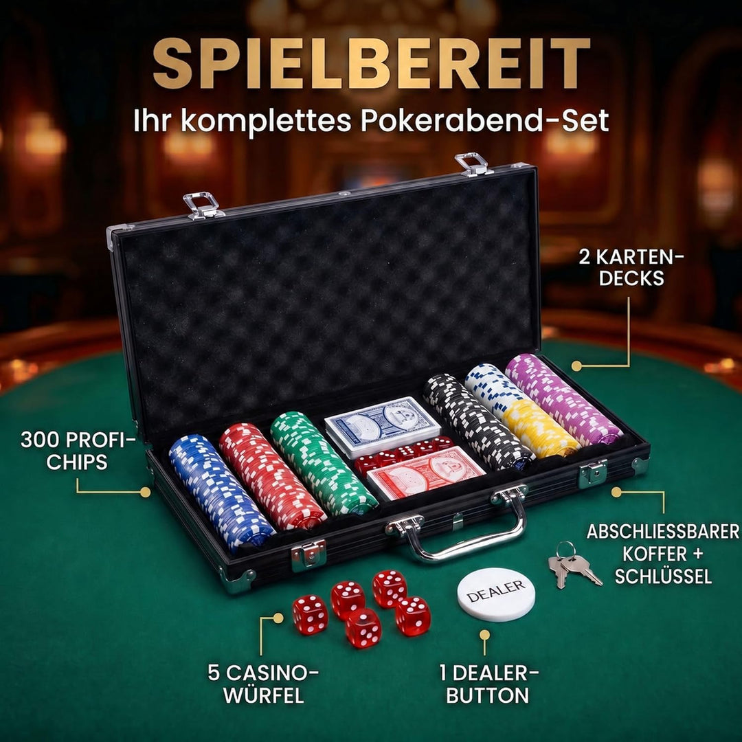 Profi Pokerkoffer Pokerset inkl. 300-500 Chips hochwertigen Pokerchips; Pokerdeck, Kartendeck, Poker