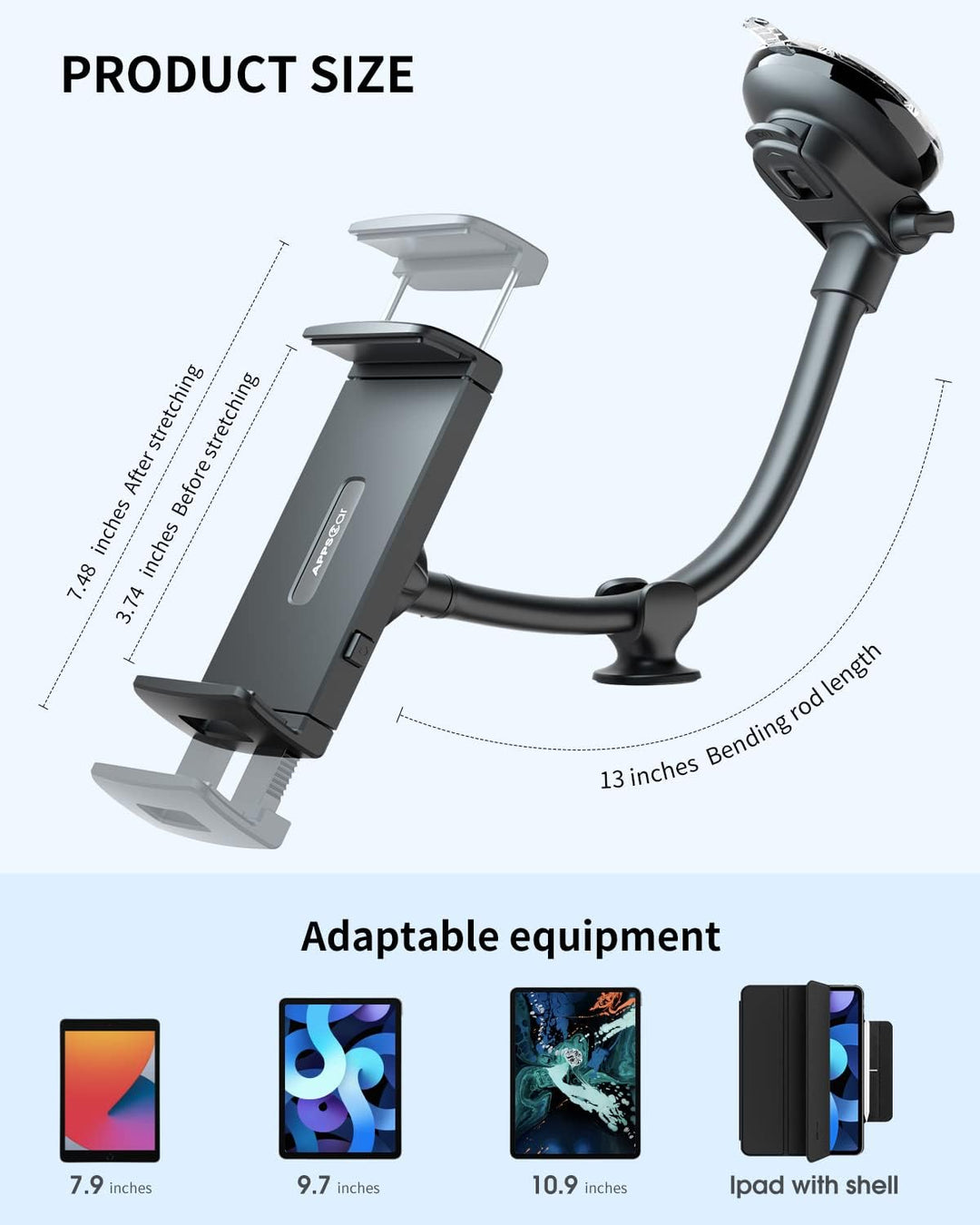 ICARMOUNT Tablet Halterung Auto mit Saugnapf, iPad Halterung 7–12,4 Zoll | Flexibler 13"-Schwanenhal