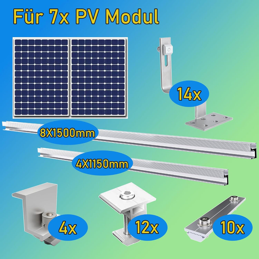 TEOV Solar Halterung Ziegeldach für 1134mm PV, Montageset Halterung Balkonkraftwerk mit 1500mm+1150m