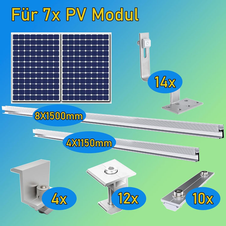 TEOV Solar Halterung Ziegeldach für 1134mm PV, Montageset Halterung Balkonkraftwerk mit 1500mm+1150m