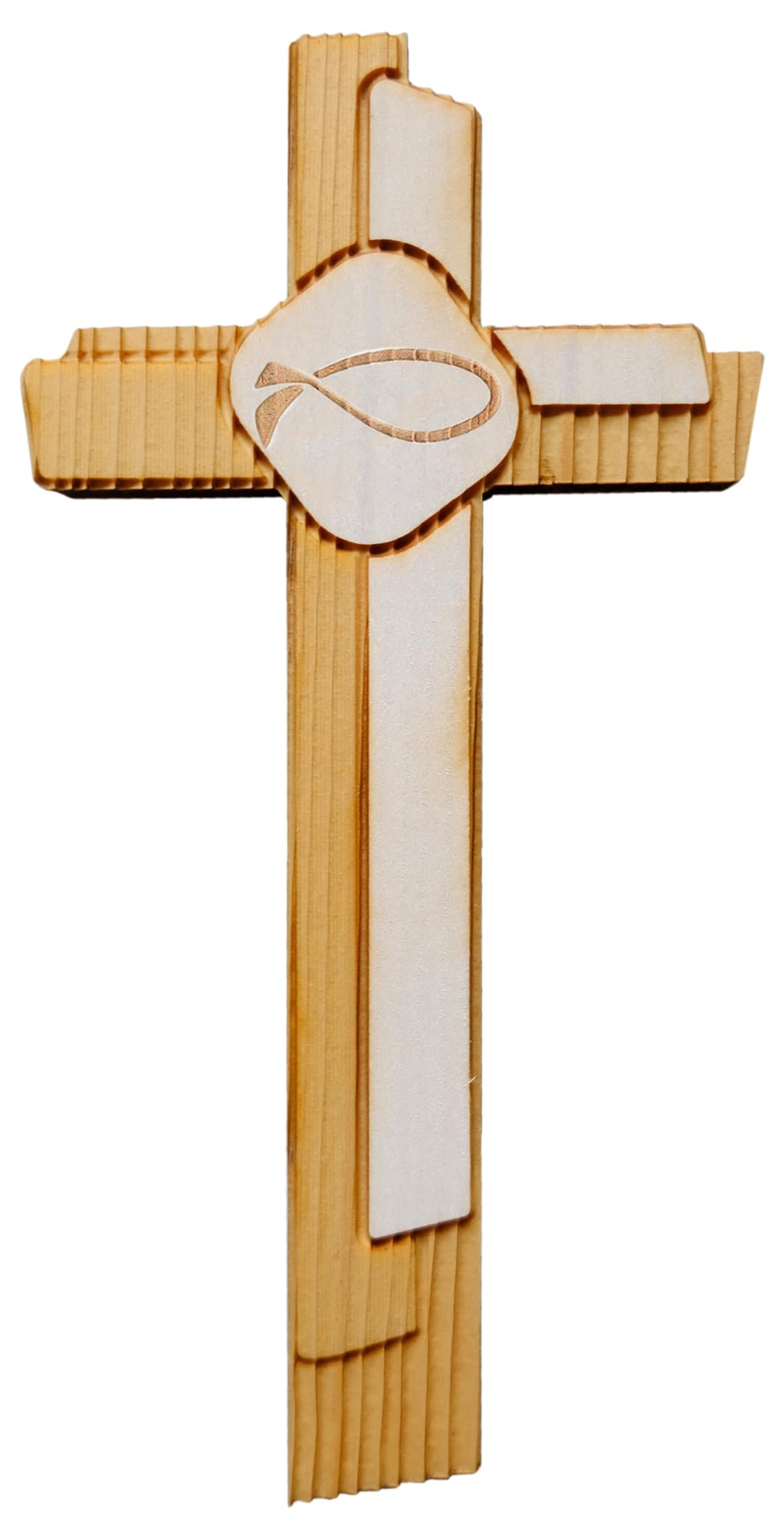 Kaltner Präsente Geschenkidee - 24 cm Wandkreuz Echtes Holz Kreuz Fichte Kruzifix mit Fisch Symbol f