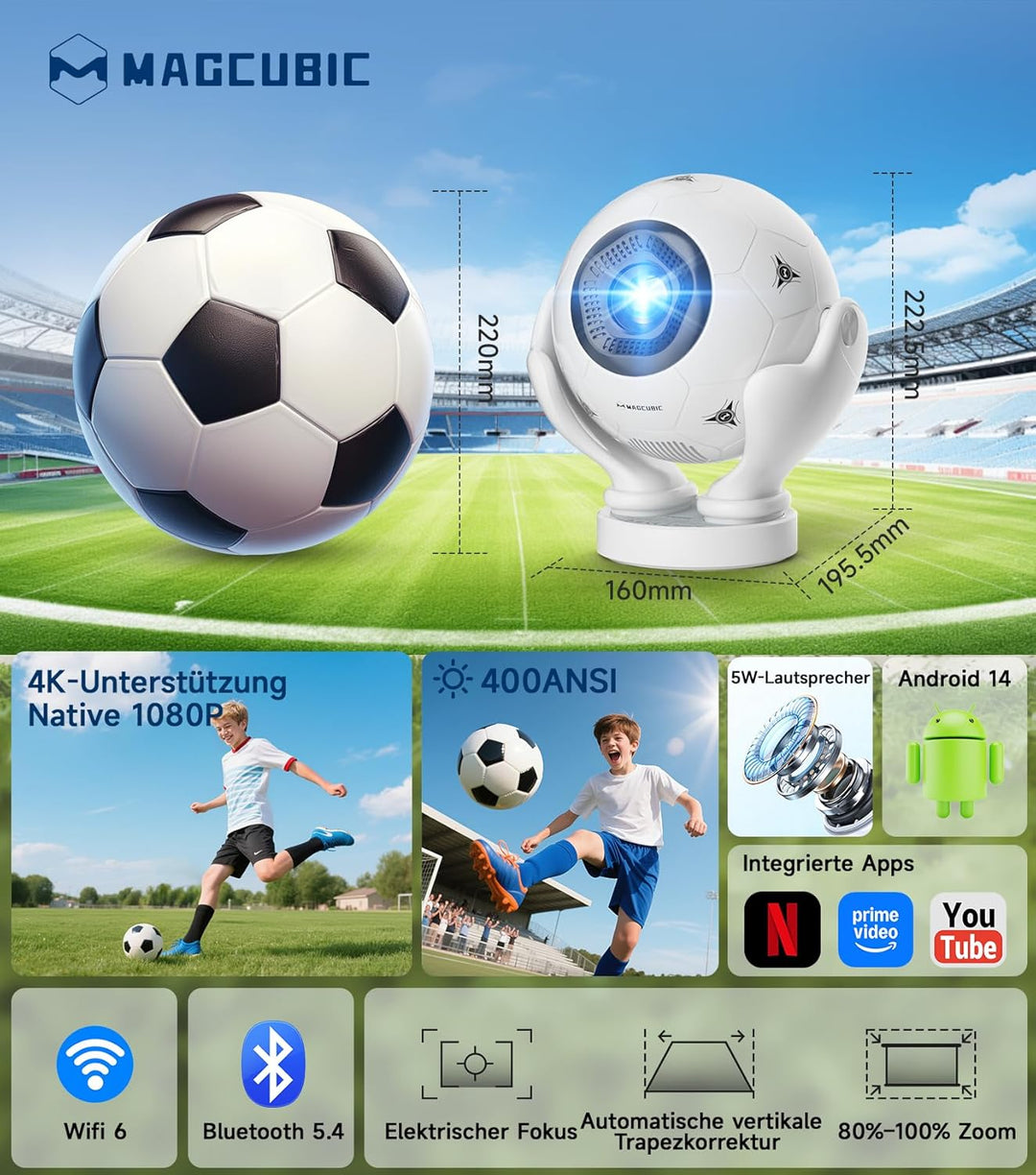 Magcubic Mini Beamer 4K mit Native 1080P Full HD & 400 ANSI Lumen, Android 14 Portable Projektor ide