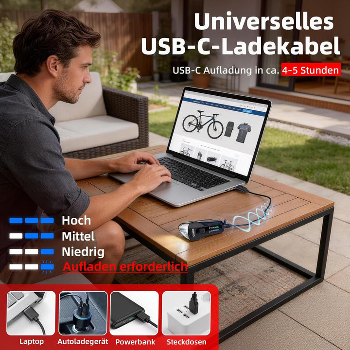 Fahrradlicht Vorne StVZO, Osram LED mit Auto-Sensor 4 Leuchtmodi, IPX4 wasserdicht, USB-C wiederaufl