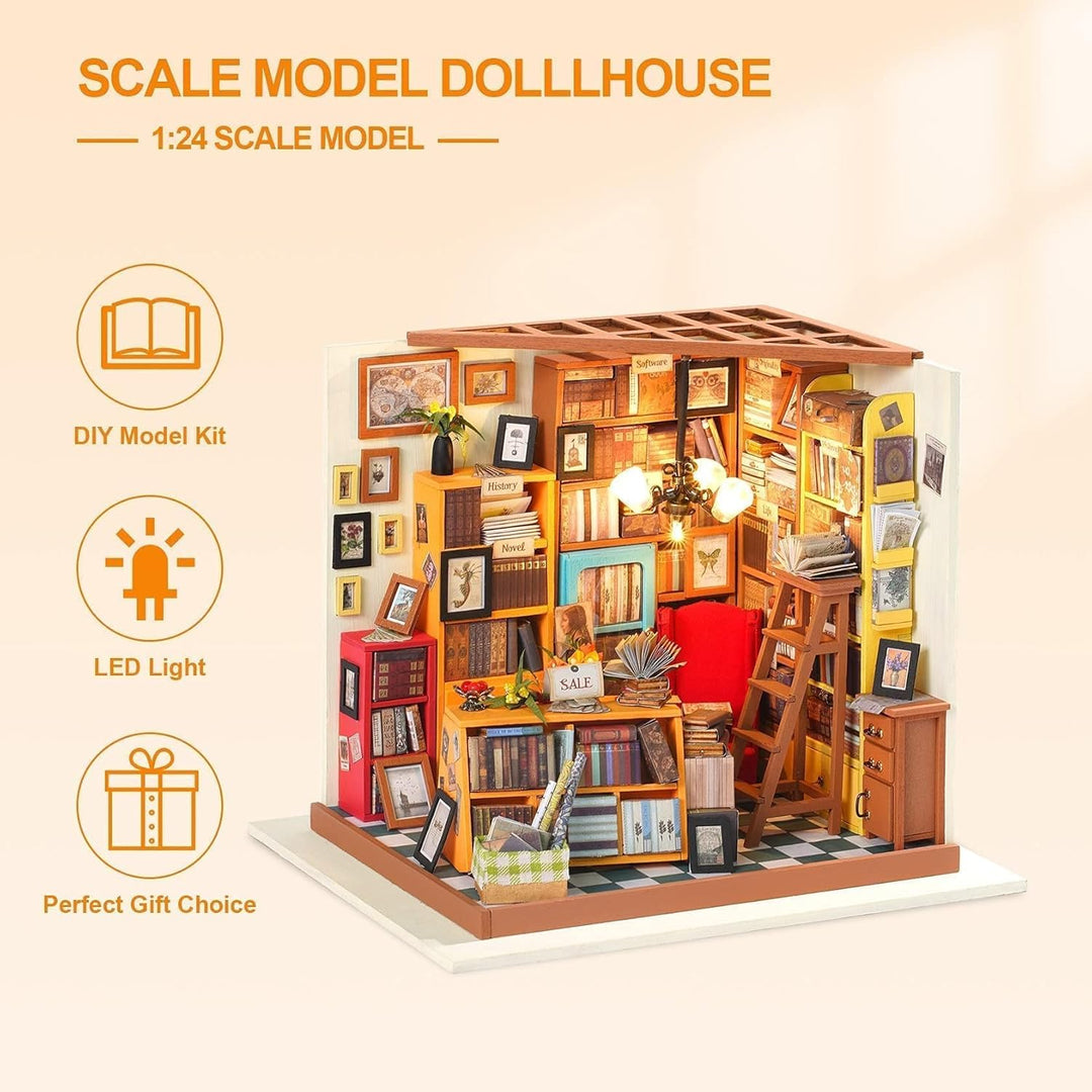 RoWood DIY Miniatur Haus Buchhandlung Puppenhaus mit Licht, DIY Mini Holz Haus Modell Set, Bastelset