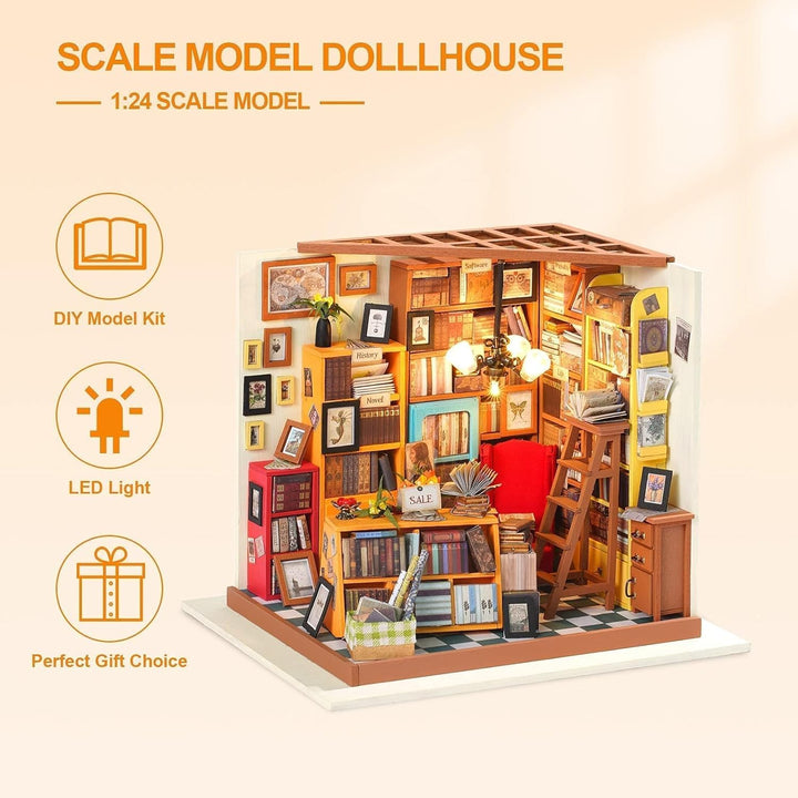RoWood DIY Miniatur Haus Buchhandlung Puppenhaus mit Licht, DIY Mini Holz Haus Modell Set, Bastelset