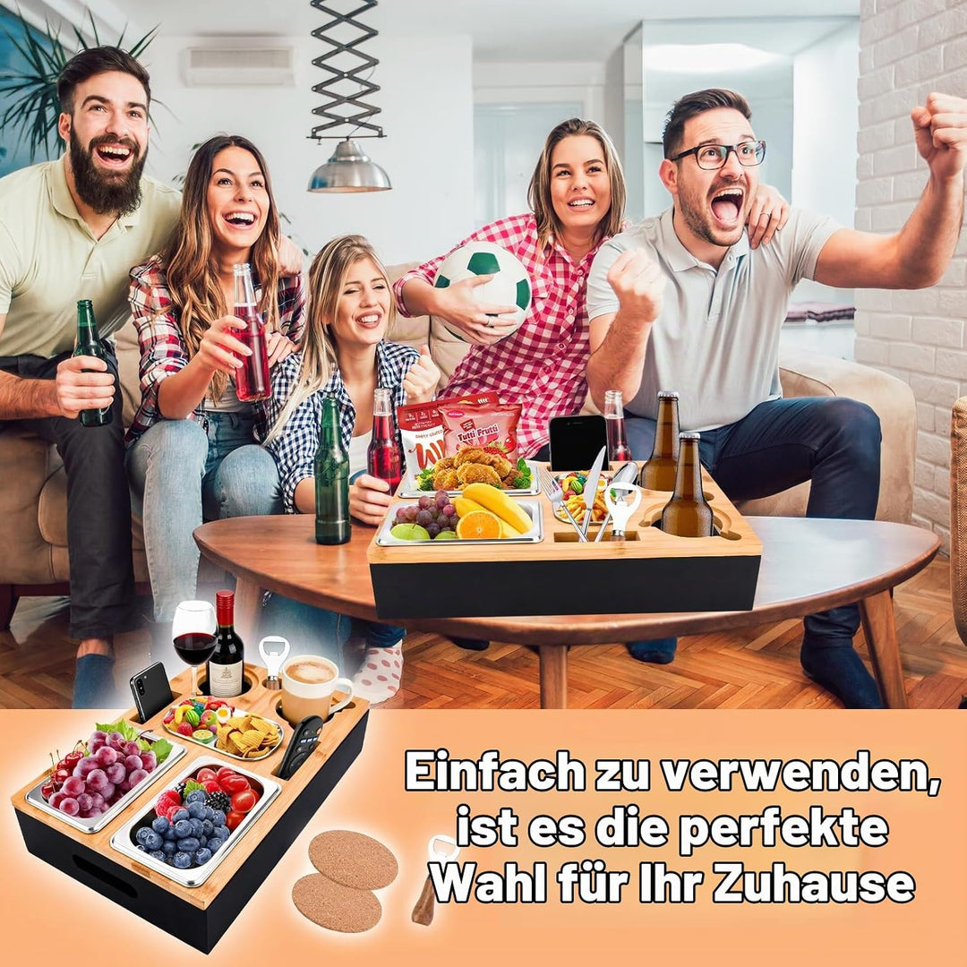 Couchbar Snackbox-Sofatablett Mit 2 Edelstahlschalen &amp; Gewürzschale,Sofa Tablett,Abnehmbarer Magnet-