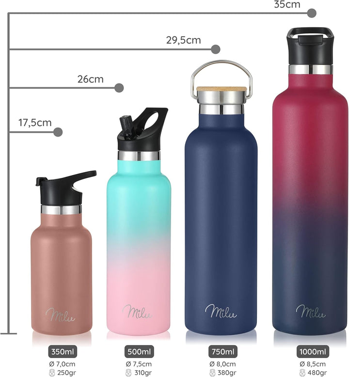 Milu Edelstahl Trinkflasche 350ml 500ml 750ml 1000ml (+3 Deckel) Thermosflasche mit Strohhalm, Isoli