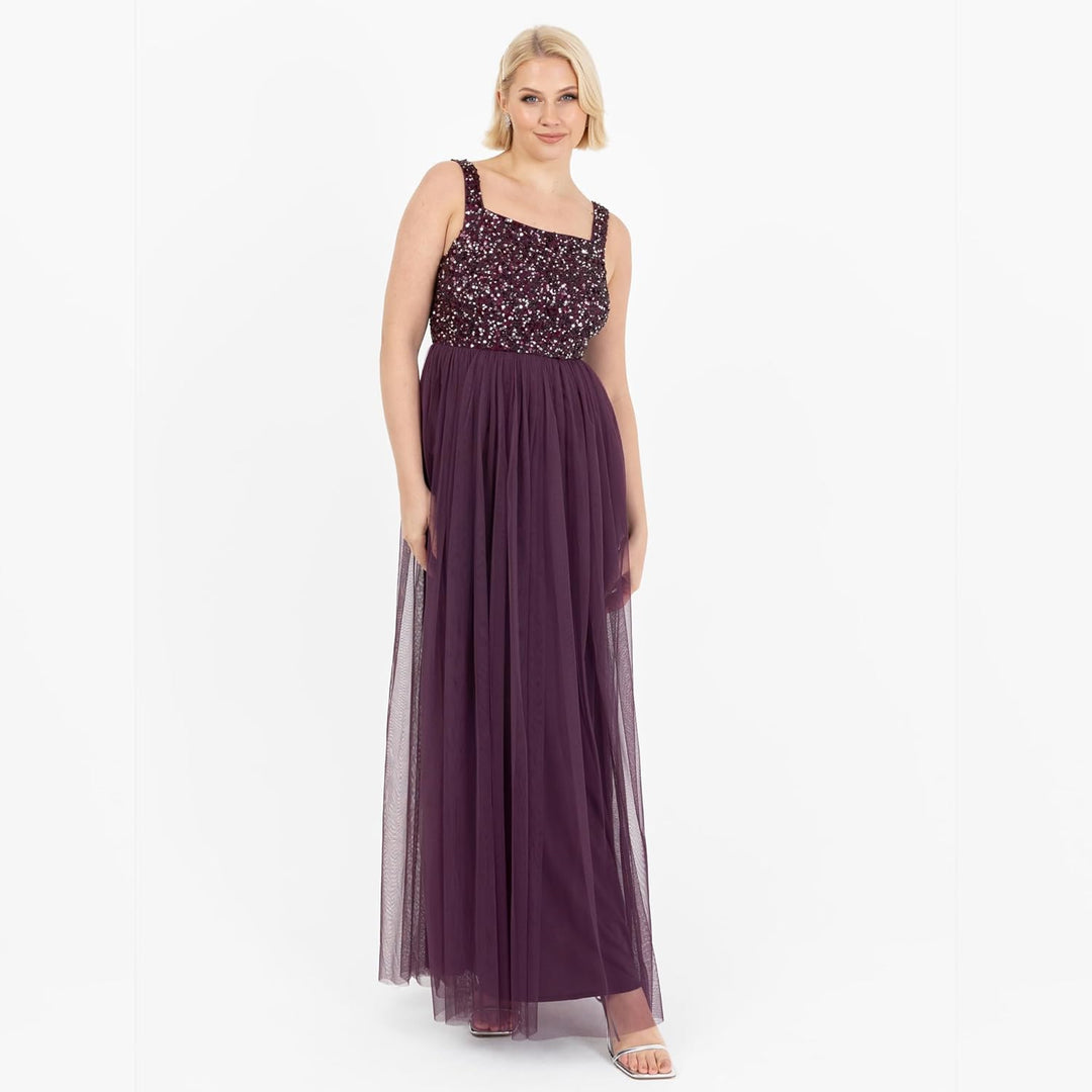 Maya Deluxe Damen Ladies Womens Maxi Dress Wide Straps Sleevless Square Neckline Embellished for Wed