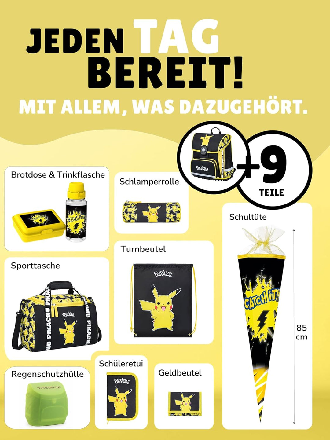 Familando - Schulranzen Set 10-teilig mit Schultüte - Pokémon mit Pikachu Motiv - Ergonomisch, stabi