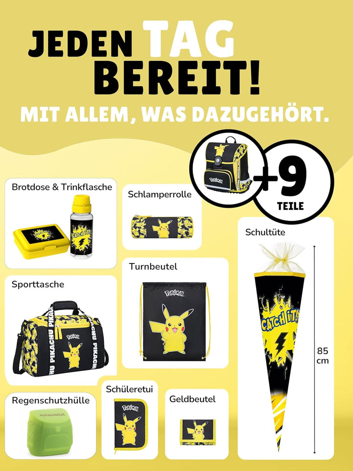 Familando - Schulranzen Set 10-teilig mit Schultüte - Pokémon mit Pikachu Motiv - Ergonomisch, stabi