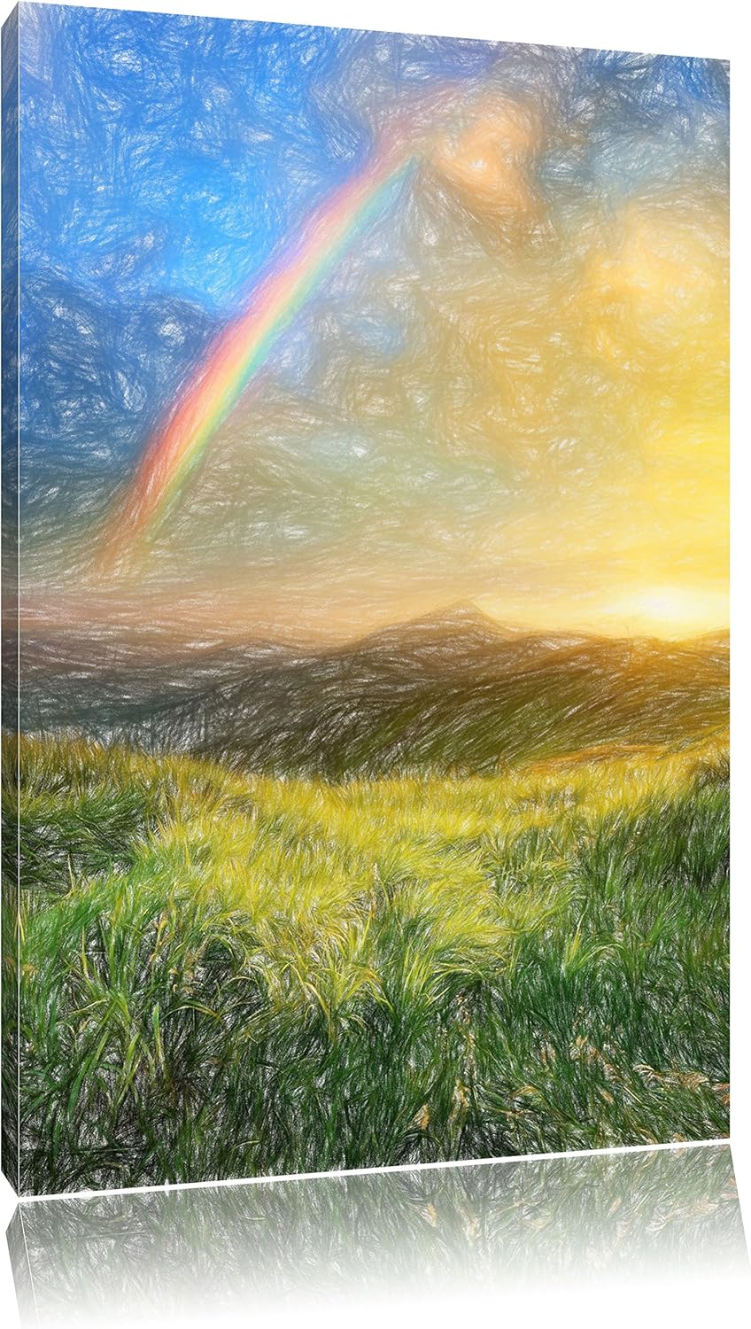 Pixxprint Berge mit Regenbogen am Himmel / 100x70cm Leinwandbild bespannt auf Holzrahmen/Wandbild Ku
