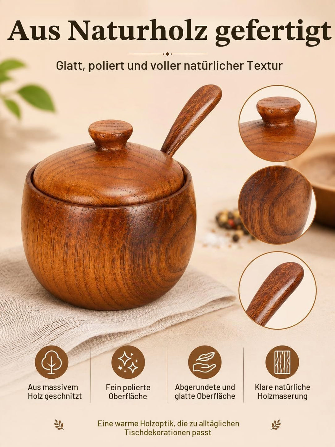 Salzdose aus Holz, Salzkeller mit Deckel und Löffel, Vielseitige Massivholz Gewürzgläser, zur Aufbew