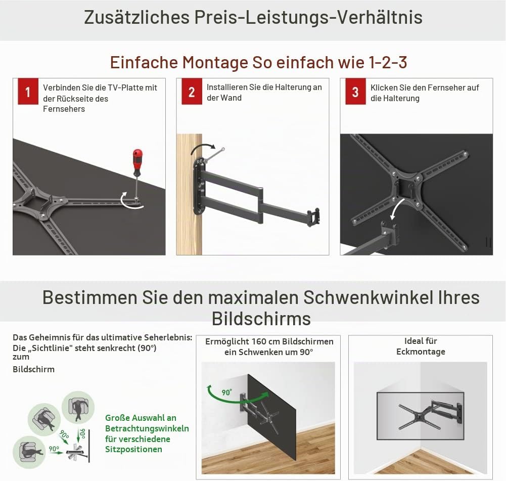 Barkan BM343XL Lange TV Wandhalterung, 13 - 65 Zoll Schwenkbar / Neigbar / Vollbewegung flach &amp; Curv