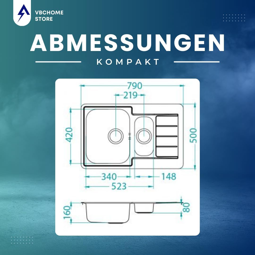 VBChome: Einbauspüle mit Hahnloch Links 790x500 mm Camping Küchenspüle - Satinstruktur Alveus Line 7