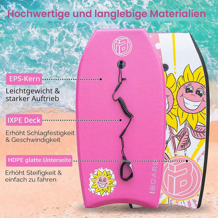 Body Board, 83 cm leichtes Bodyboard mit EPS-Abdeckung, Premium-Leine und Handschlaufe zum Surfen ro