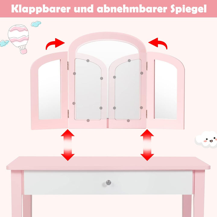 GOPLUS 2 in 1 Kinder Schminktisch/Schreibtisch, Frisiertisch & Stuhl, Kosmetiktisch mit Abnehmbarem