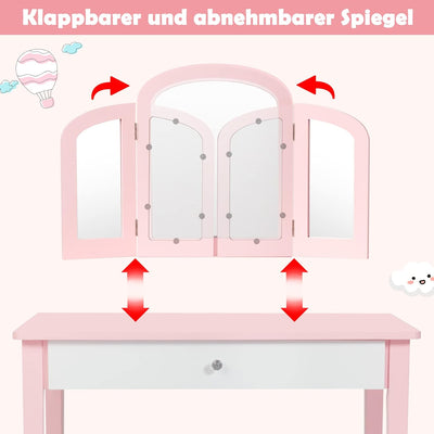 GOPLUS 2 in 1 Kinder Schminktisch/Schreibtisch, Frisiertisch & Stuhl, Kosmetiktisch mit Abnehmbarem