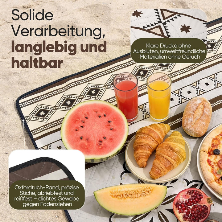 Sekey Boho Picknickdecke Wasserdicht 200x200 cm, Stranddecke Sandfrei | Gepolstert, Dreischichtige S