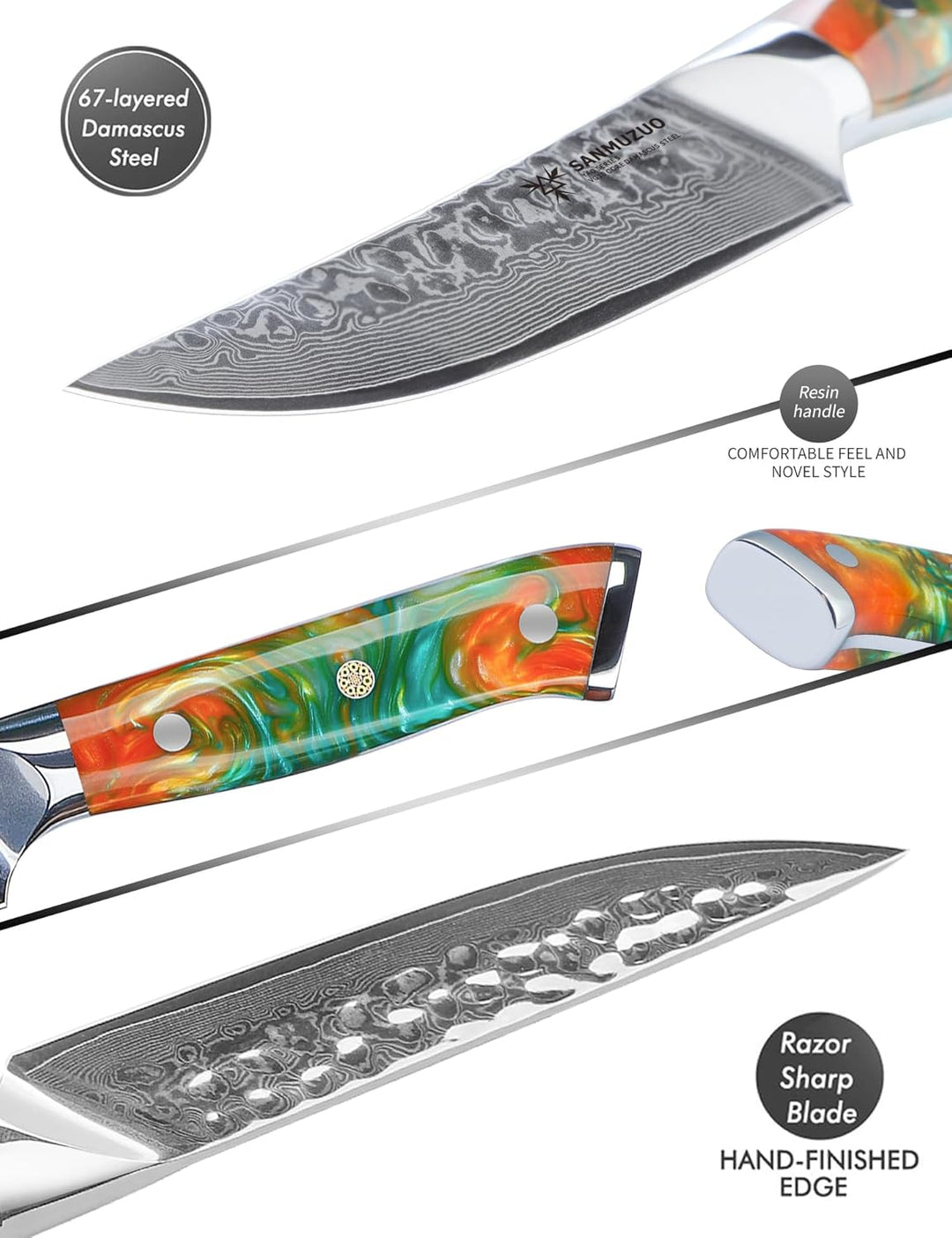Damaskus Steakmesser 4-Teilig - Profi Kochmesser 13 cm Besteckmesser, Gehämmertem Damaskus Stahl und