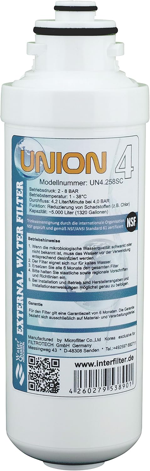 Ersatzkartusche für Wasserfilter "Union 4" Externer Kühlschrankfilter für SbS Kühlschrank. Filter Pa
