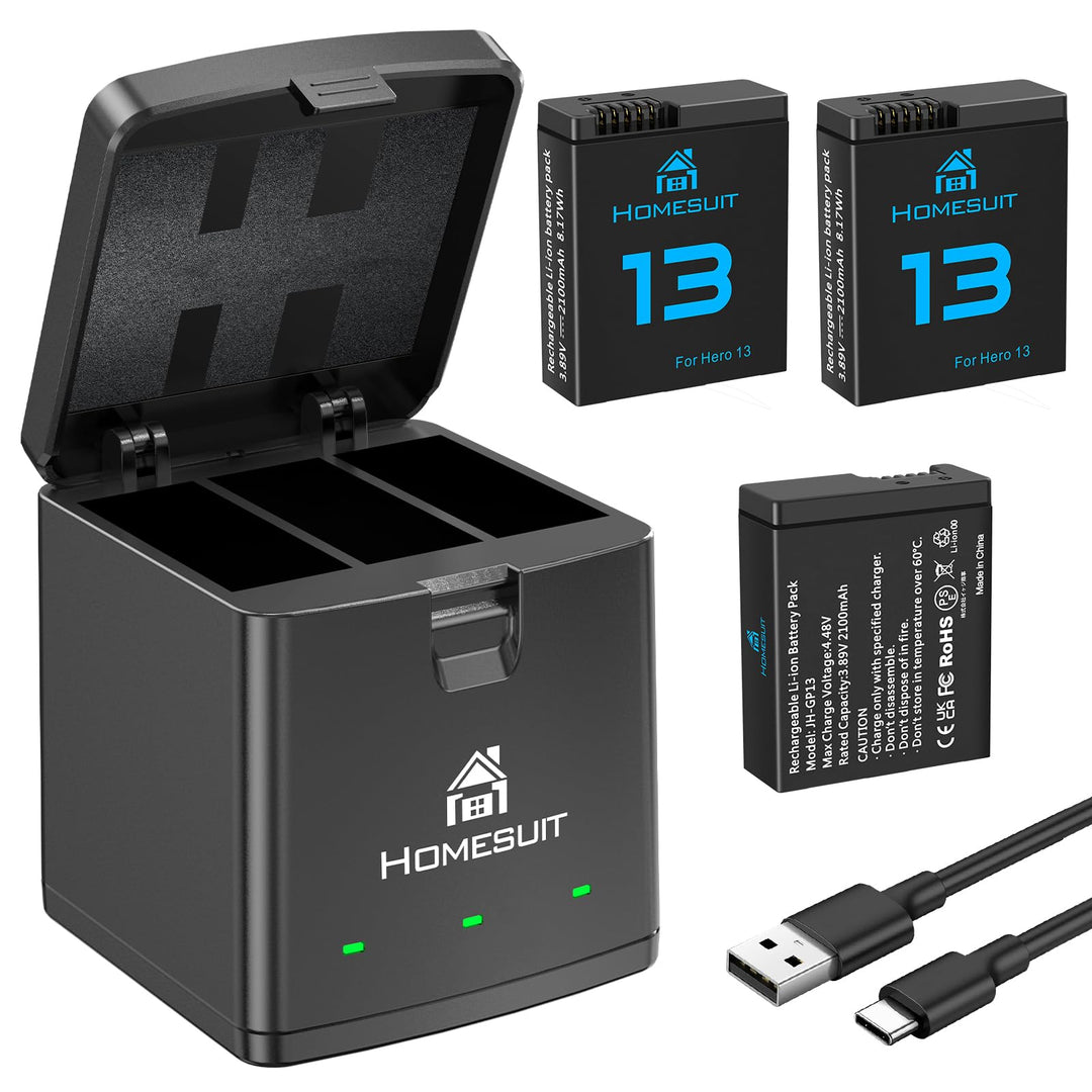 Homesuit Hero 13 Akku 2100mAh und LED 3-Kanal USB Speicherladegerät für GoPro Hero 13 Black Enduro W