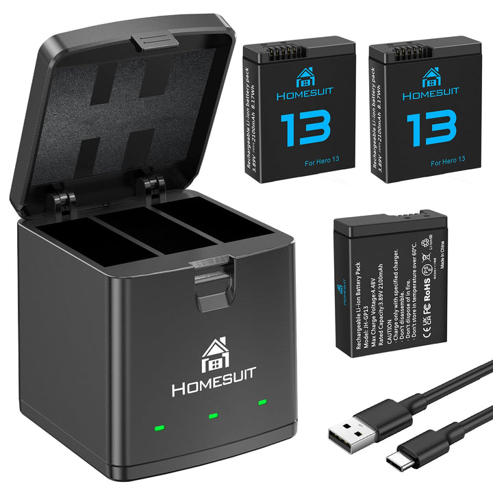 Homesuit Hero 13 Akku 2100mAh und LED 3-Kanal USB Speicherladegerät für GoPro Hero 13 Black Enduro W