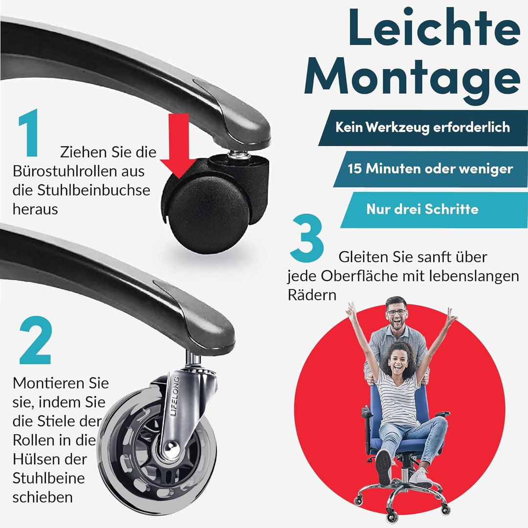 Bürostuhl Rollen 5er Set, Bürostuhl-Räder Ersatzrollen für Teppich- und Parkettböden, Strapazierfähi