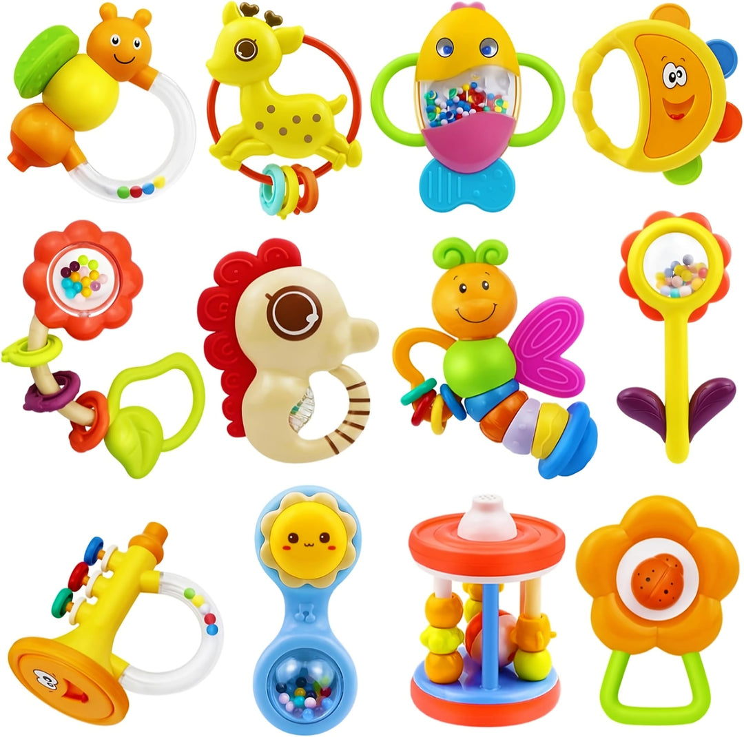 MOONTOY Baby Rassel BeissRing Set Baby Spielzeug ab 0 1 2 3 4 5 6 7 8 9 10 11 12 Monate, 12PCS Shake