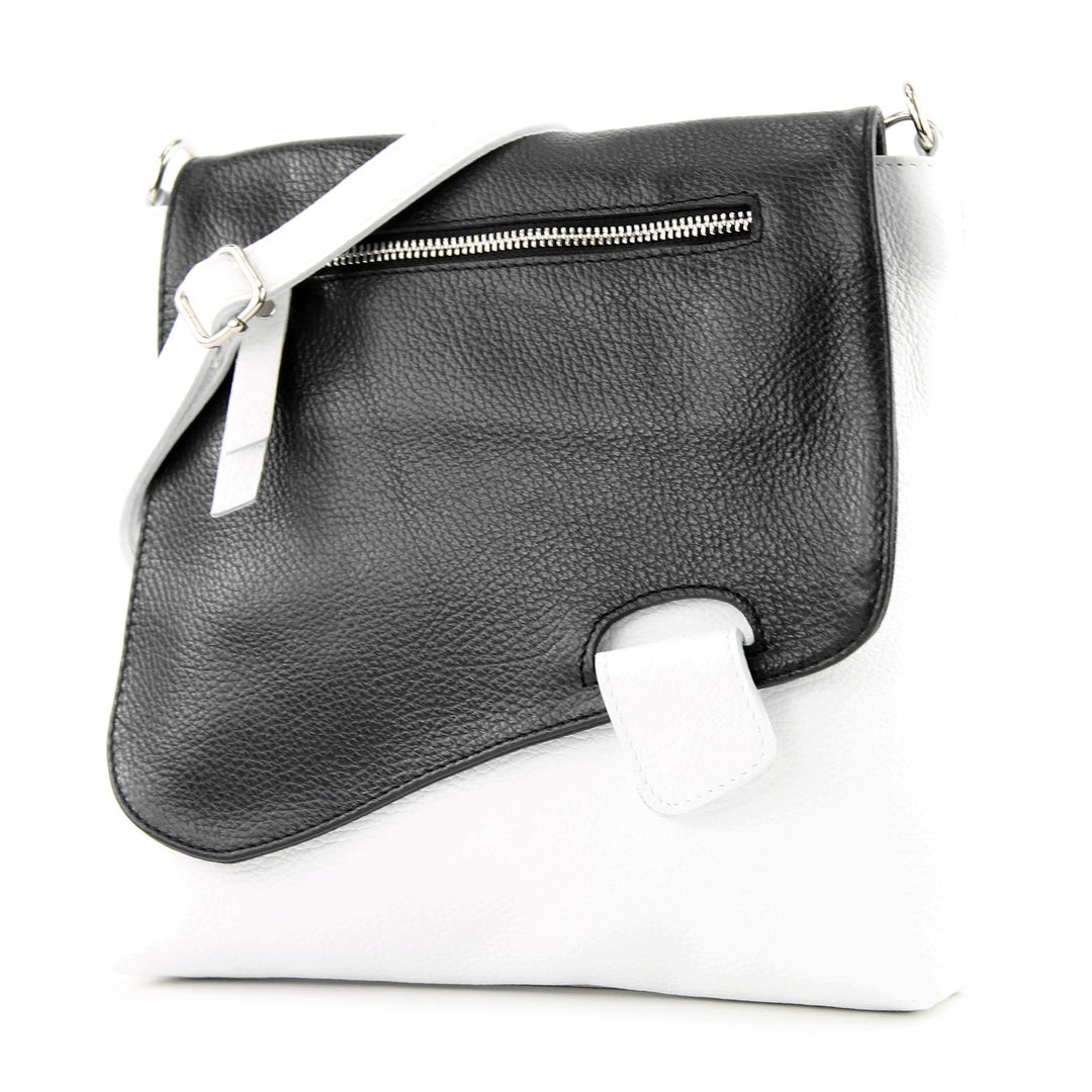 modamoda de - T146 - ital Messengertasche Umhängetasche aus Leder Weiss/Schwarz, Weiss/Schwarz