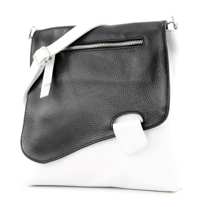 modamoda de - T146 - ital Messengertasche Umhängetasche aus Leder Weiss/Schwarz, Weiss/Schwarz